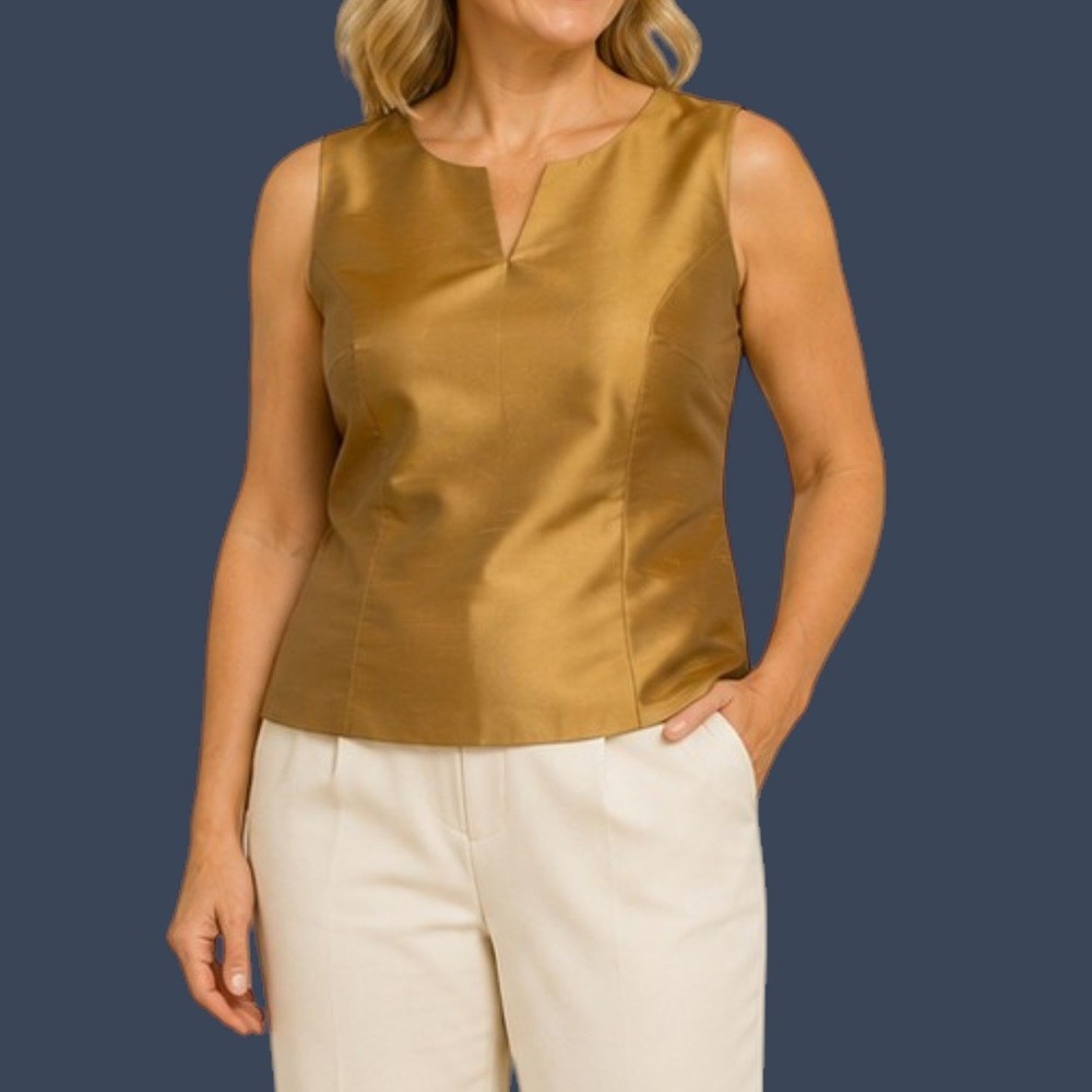 Kate Hill Blouse Womens 16 Gold Silk Sleeveless V-Neck Side Zip Formal Shell Y2K